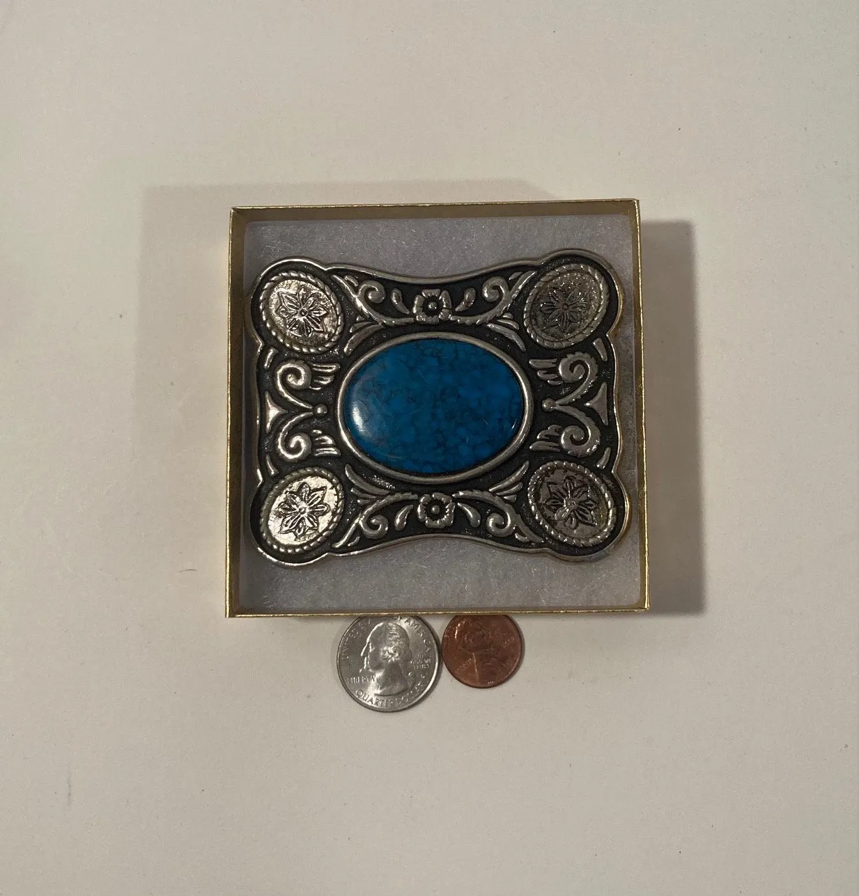 Vintage Metal Belt Buckle, Nice Turquoise Blue Stone Design, Nice Western Design, 3 1/2" x 2 3/4", Heavy Duty, Quality