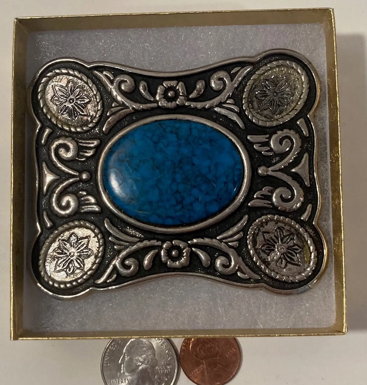 Vintage Metal Belt Buckle, Nice Turquoise Blue Stone Design, Nice Western Design, 3 1/2" x 2 3/4", Heavy Duty, Quality