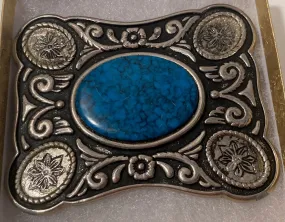 Vintage Metal Belt Buckle, Nice Turquoise Blue Stone Design, Nice Western Design, 3 1/2" x 2 3/4", Heavy Duty, Quality