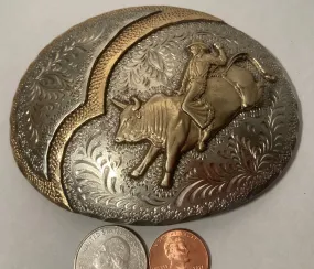 Vintage Metal Belt Buckle, Silver and Brass, Bull Riding, Nice Design, 4" x 3", Heavy Duty, Quality, Thick Metal, Made in USA