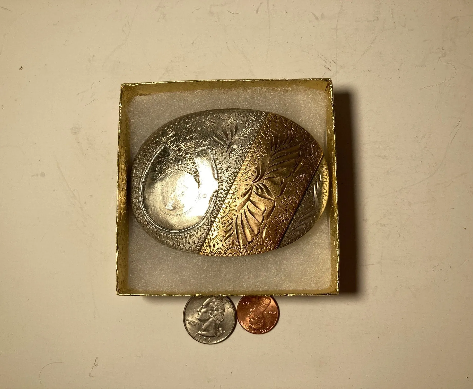 Vintage Metal Belt Buckle, Silver and Brass, Horseshoe Silhouette, Nice Design, 3 1/2" x 2 1/2", Heavy Duty, Quality, Thick Metal