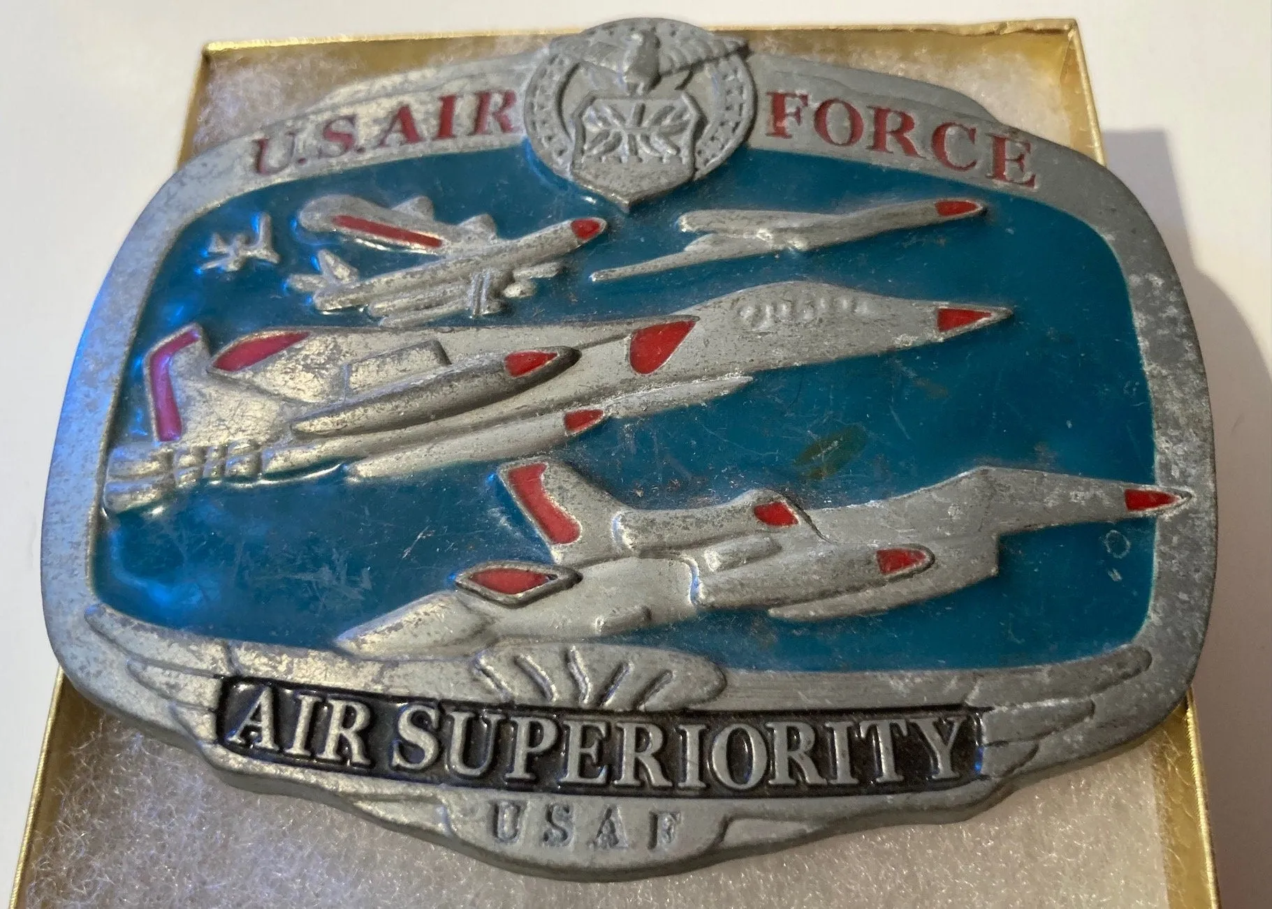 Vintage Metal Belt Buckle, U.S. Air Force, Air Superiority, USAF, Airplanes, Jets, Heavy Duty, Quality, Thick Metal, Made in USA, 4" x 3"