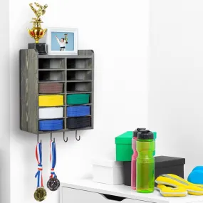 Weathered Gray Wood Wall Mounted Martial Arts Belt Holder with Trophy Display Shelf Metal Hanging Hooks for Medals