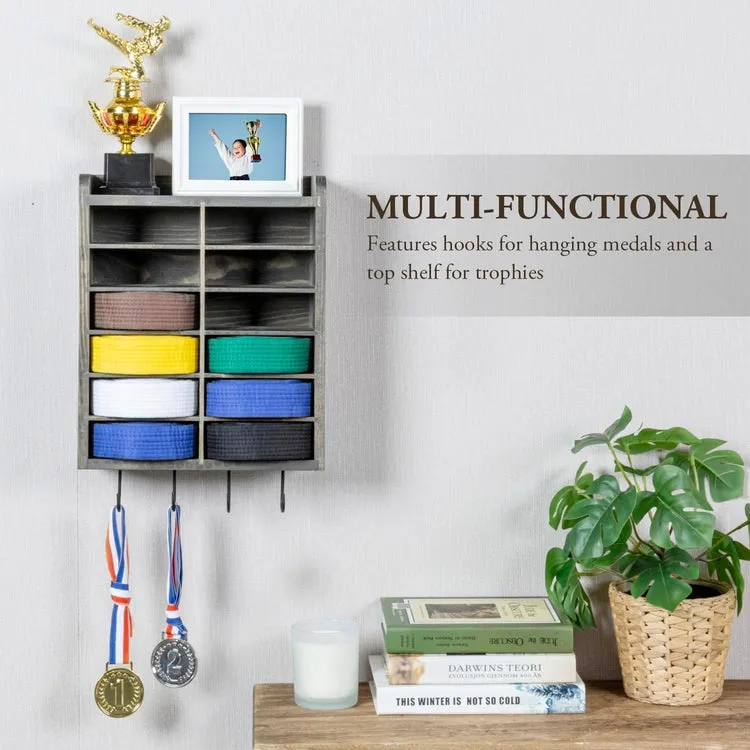 Weathered Gray Wood Wall Mounted Martial Arts Belt Holder with Trophy Display Shelf Metal Hanging Hooks for Medals