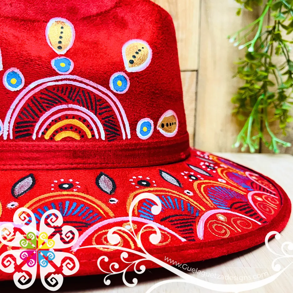 Wine Red Indiana Mitla Velvet Hat - Hand Painted Hat