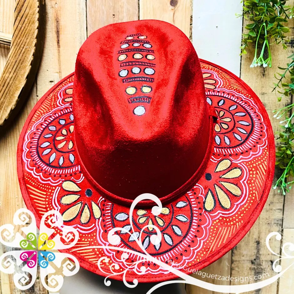 Wine Red Indiana Mitla Velvet Hat - Hand Painted Hat