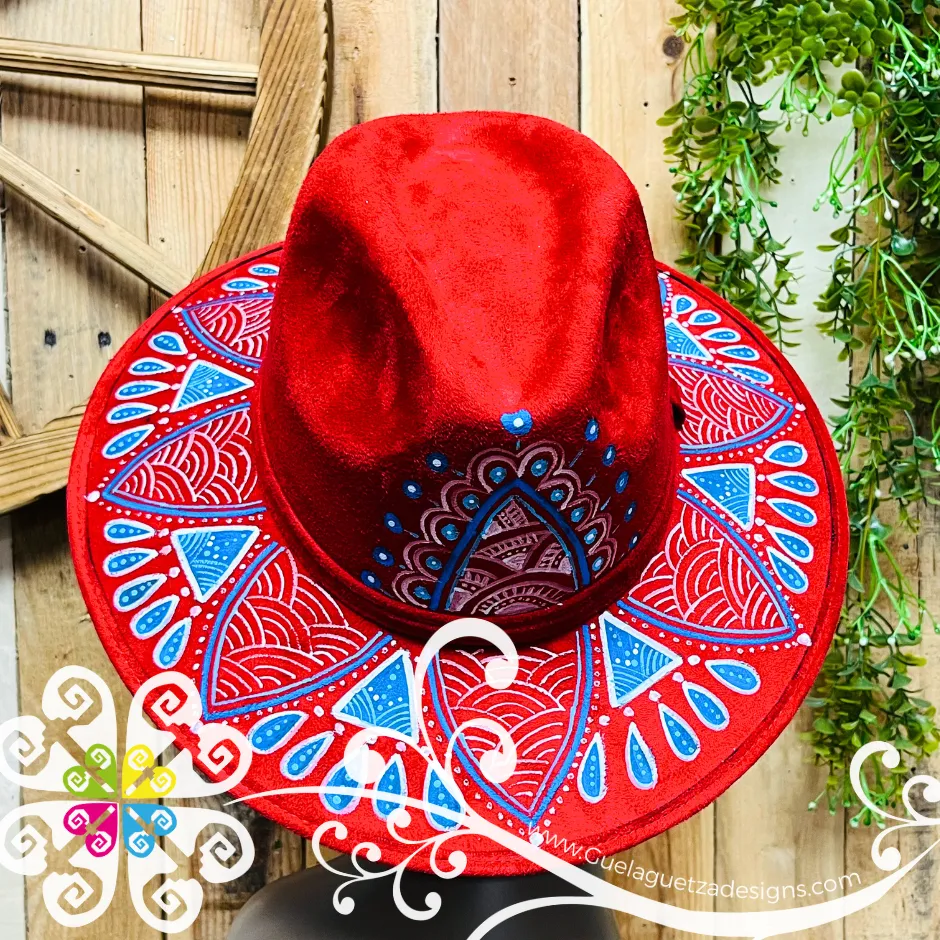 Wine Red Indiana Mitla Velvet Hat - Hand Painted Hat