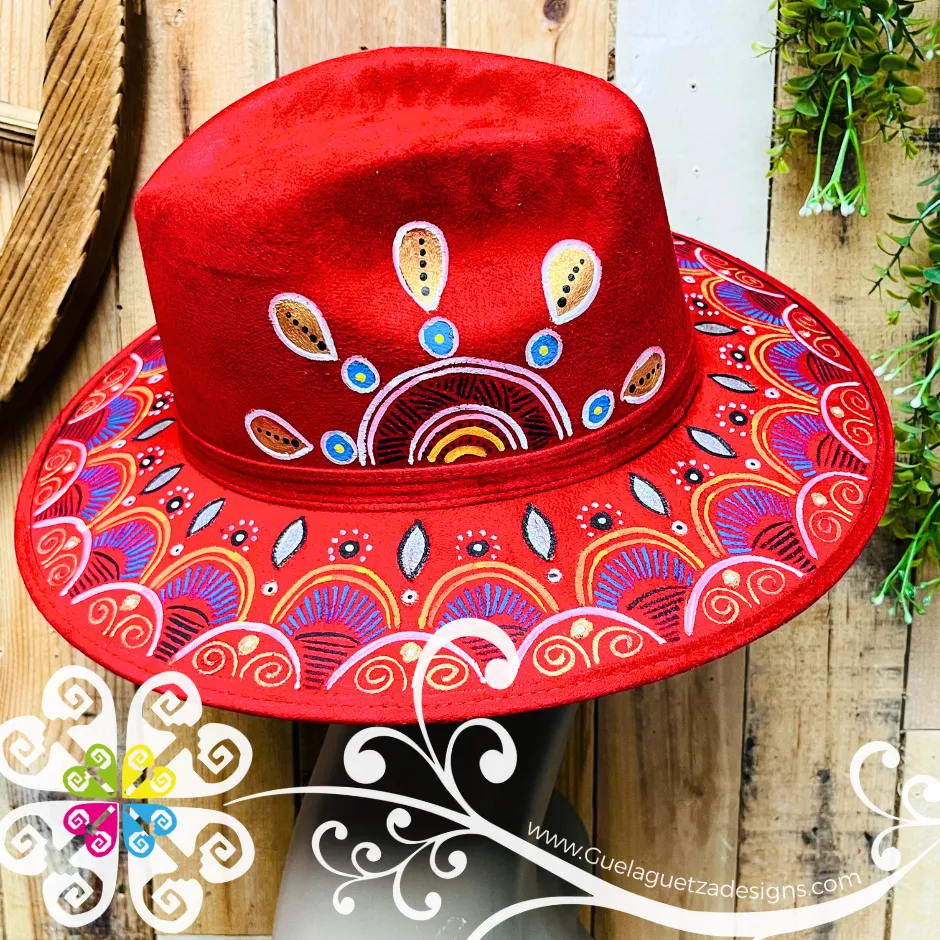 Wine Red Indiana Mitla Velvet Hat - Hand Painted Hat