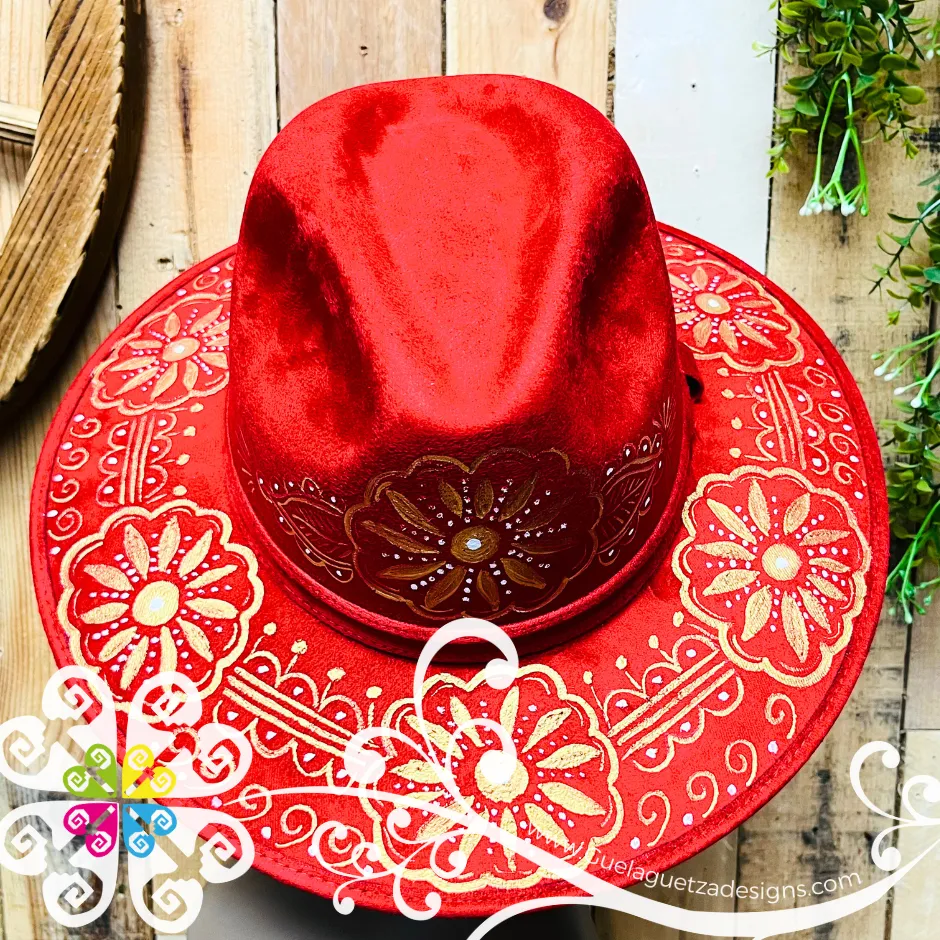 Wine Red Indiana Mitla Velvet Hat - Hand Painted Hat