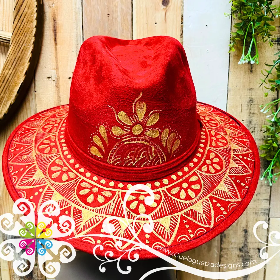 Wine Red Indiana Mitla Velvet Hat - Hand Painted Hat