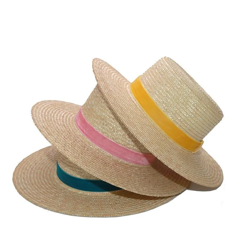 Women Fashionable Velvet Ribbon Straw Hat Flat Top Summer Sun Hats