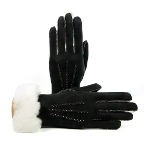 Women's black and white hand-stitched lambskin gloves