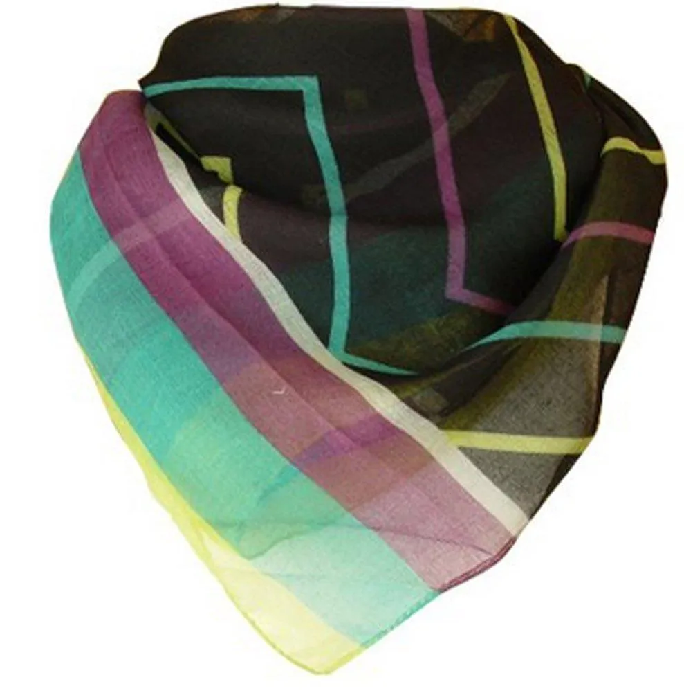 Yellow/Teal/Purple Fun Sheer Multicolored Striped Chevron Design Scarf/wrap w/Colorful Border